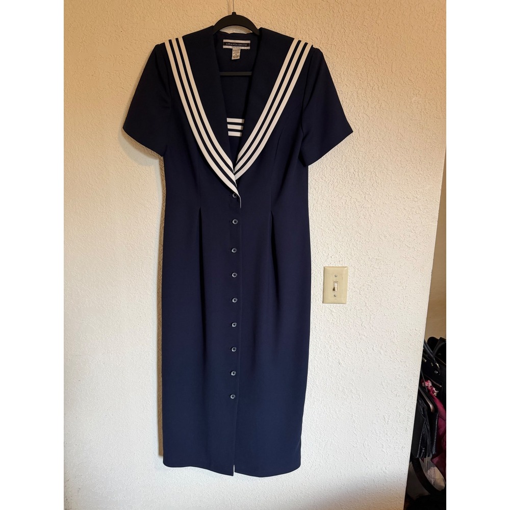Amanda Smith Navy Blue Nautical Sailor Maxi Dress White Striped Collar Size 8